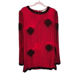 Vintage Oleg Cassini Red Beaded Long Sleeve Party Cocktail Top Blouse Silk Small